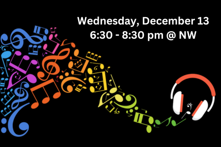 Drop in to a student-led session of music and movement in the library and de-stress before your exams. Wednesday, December 13 from 6:30 - 8:30 at the New West Campus library.