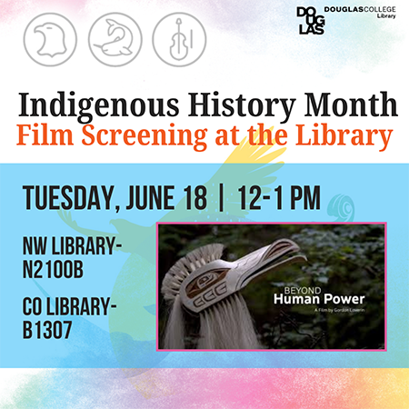 Image with Indigenous History Month graphics and text reading Indigenous History Month Film Screening at the Library Tuesday June 18, Beyond Human Power