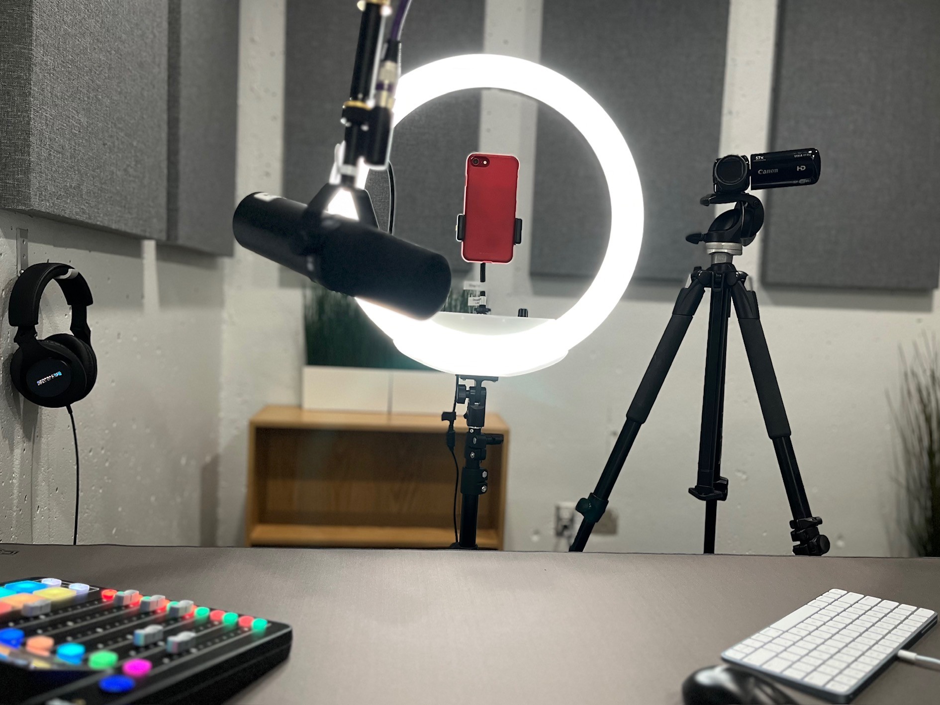 Image featuring ring light and cameras recording a podcast from 1st person view