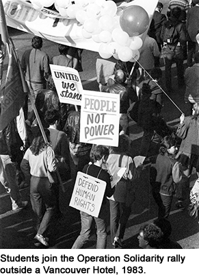 Students join the Operation Solidarity rally outside a Vancouver Hotel, 1983.