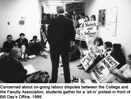 Concerned about on-going labour disputes between the College and the Faculty Association, students gather for a ‘sit-in’ protest in front of Douglas College president Bill Day’s Office, 1988.