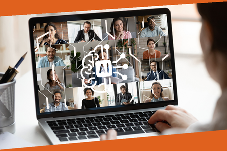 A person sitting at a laptop with the faces of attendees of an online meeting on the screen. An AI graphic is overlaid on the screen. 