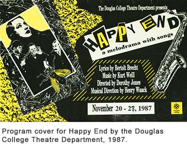Program cover for Happy End by the Douglas College Theatre Department, 1987.