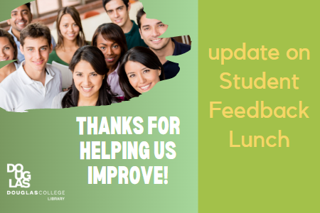 Image of students smiling with text that reads Update on Student Feedback Lunch, Thanks for helping us improve