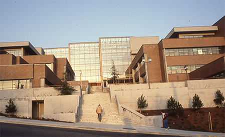Photo of the front of the newly completed New Westminster Campus in 1983.