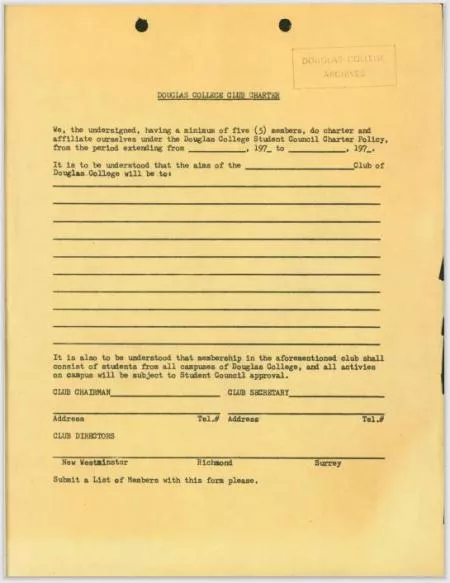 Douglas College Club Charter form (1970s)