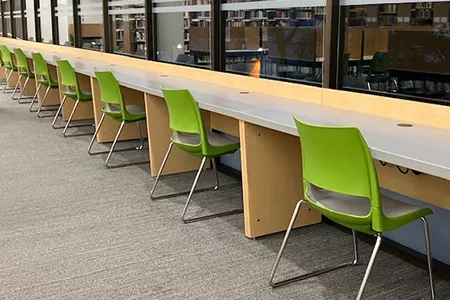 New student seating on the upper level of the New Westminster campus library