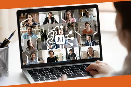 A person sitting at a laptop with the faces of attendees of an online meeting on the screen. An AI graphic is overlaid on the screen. 